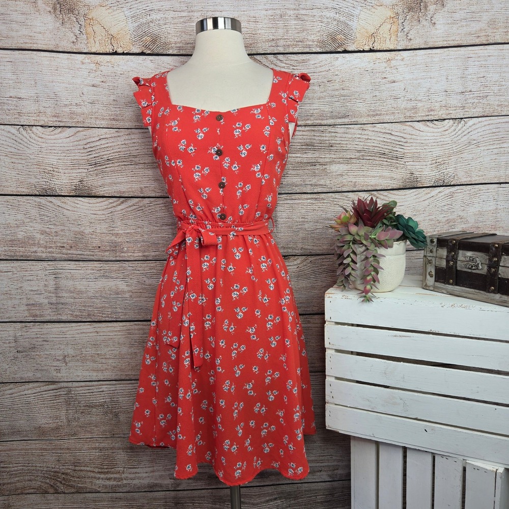 5/$25 Monteau Los Angeles Red Floral Ruffle Sleeve Fit & Flare Dress Small